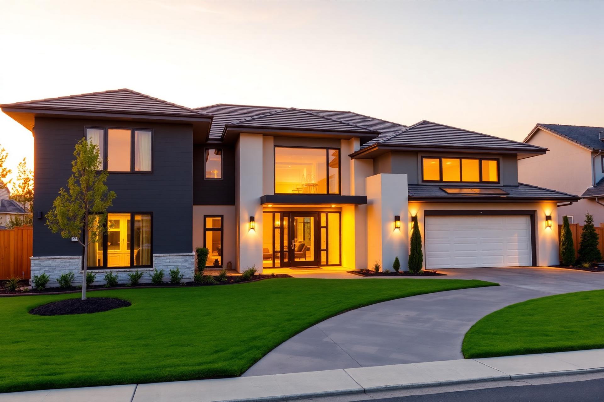 Modern luxury home at sunset